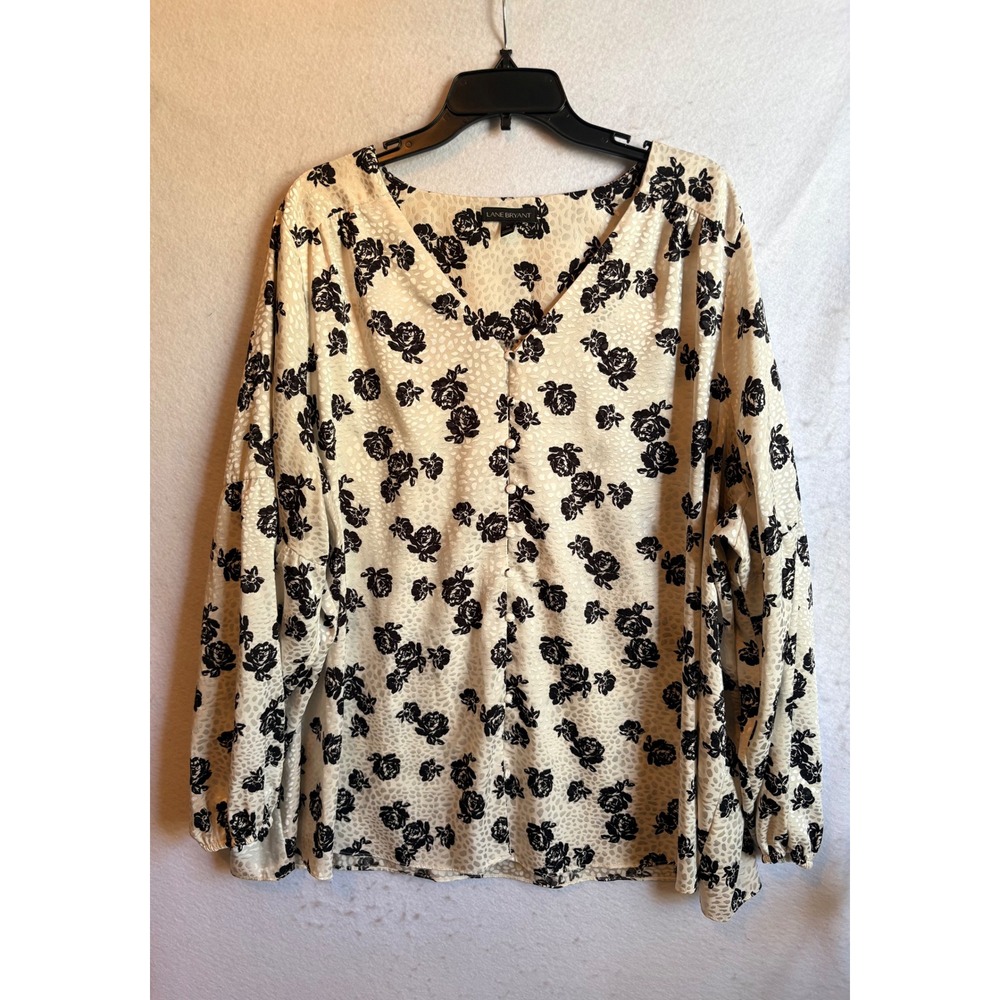 Lane Bryant Cream Black Floral Rose Button Front Blouse Plus Size 24